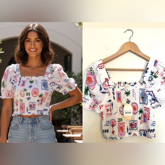 Monteau Tops - Monteau White CropTop Linen Blend Women’s Sz Medium Colorful print‎ NWT